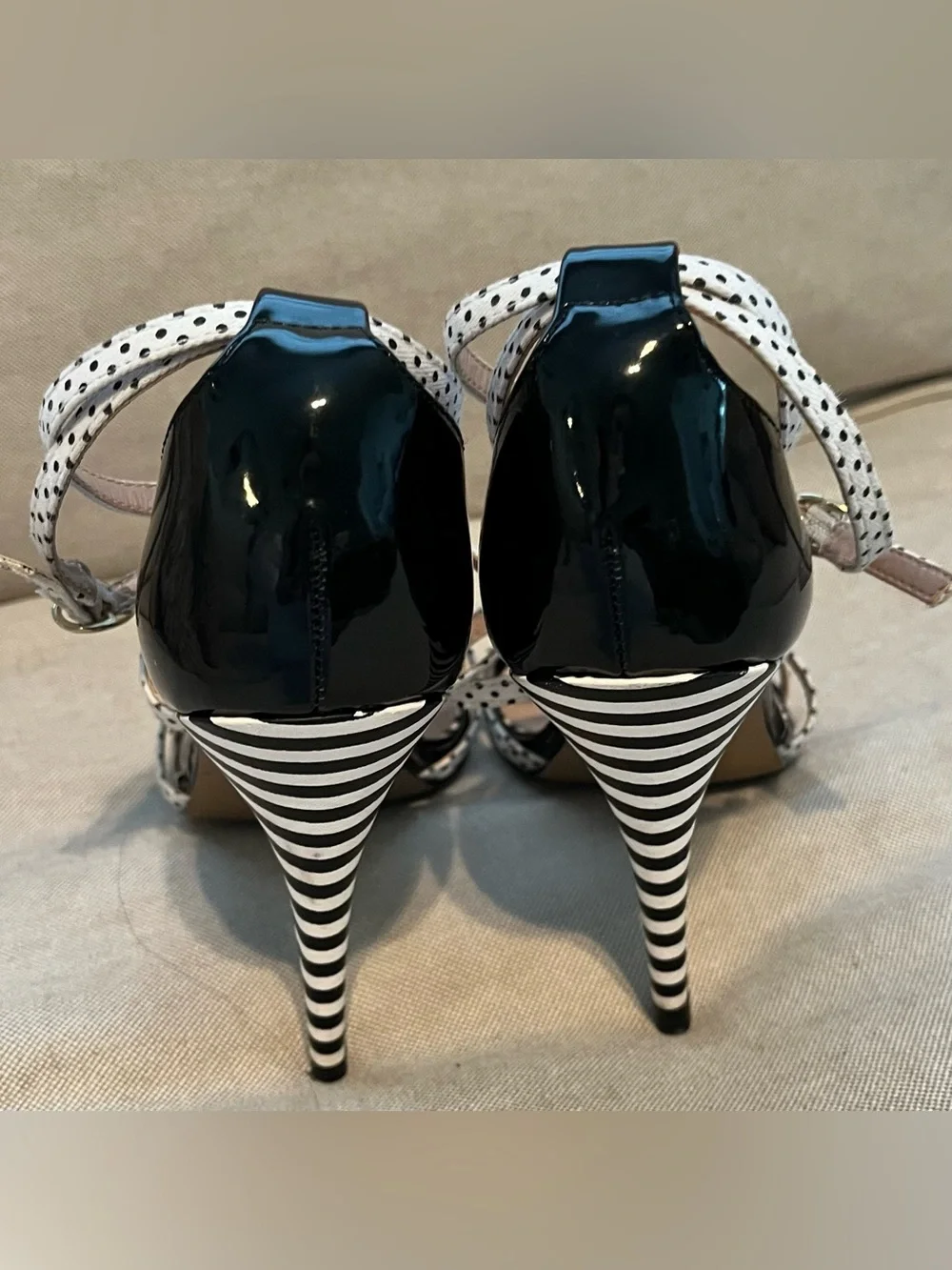 Betsey Johnson Black Patent Polka Dot Strap Jeweled High Heels